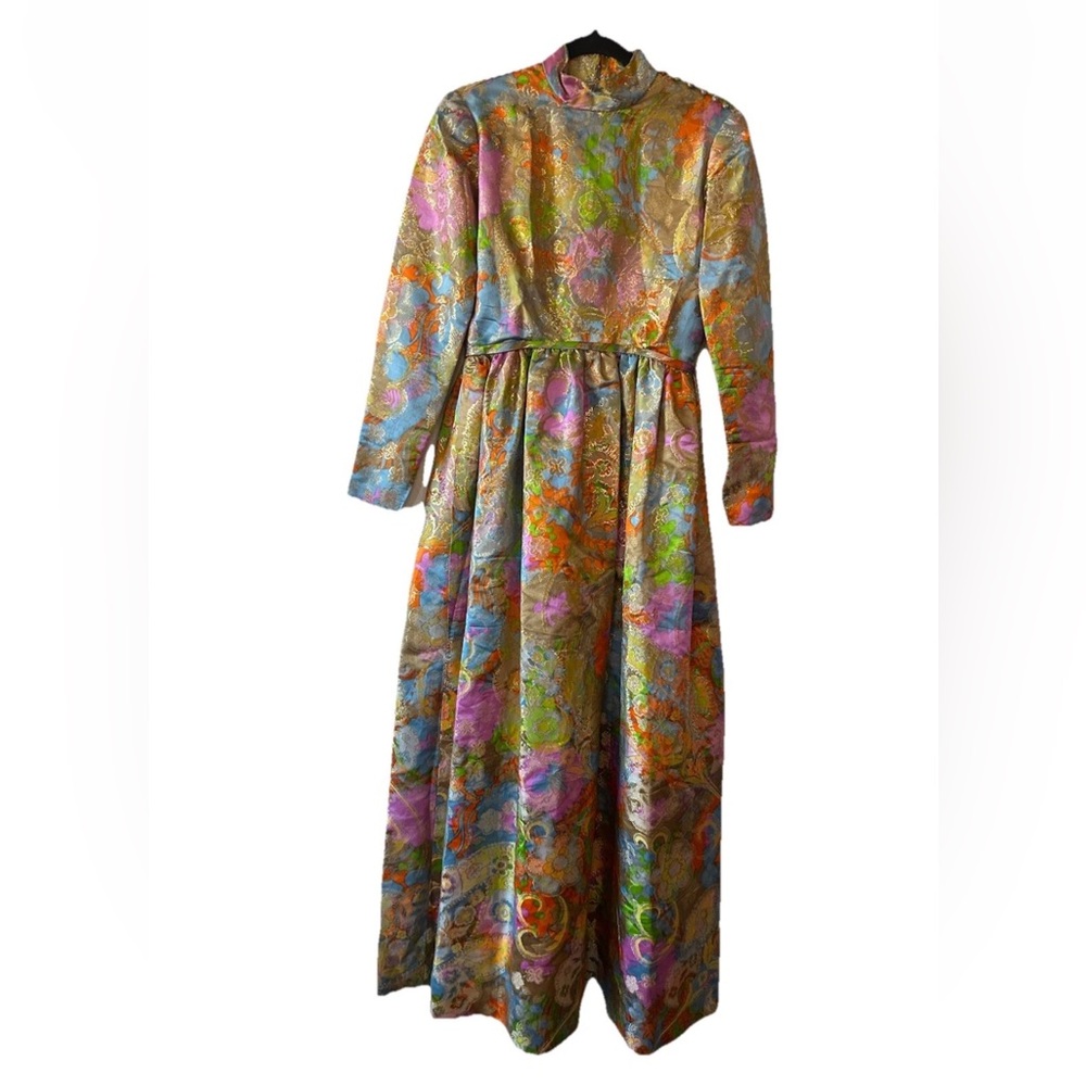 VTG 70s Alfred Bosand Metallic Brocade Maxi Dress Boho Psychedelic RARE Luxury